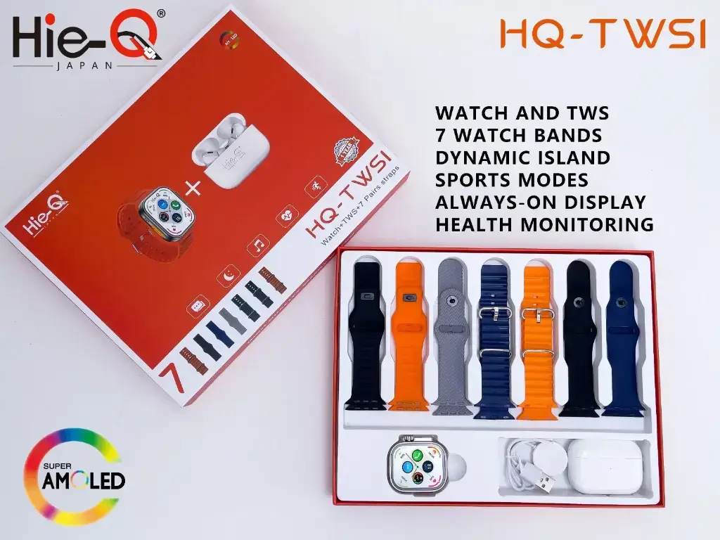 HIE-Q TWSI Smart Watch with earbuds and 7 strap.webp